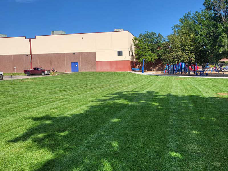 THIS SCHOOL GOT A BRAND NEW TURF LAWN FOR STUDENTS TO ENJOY AT RECESS.